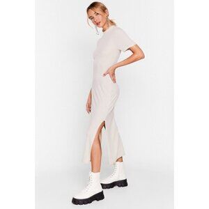 Nasty Gal Dress 4 Midi Ribbed Fitted High Neck T-Shirt Nude Tan Neutral